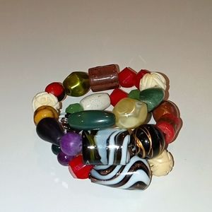 Colorful Glass Bead and Stone Memory Wire Bracelet